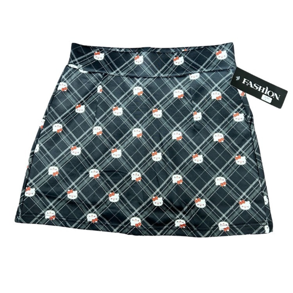 Black Hello Kitty Anime Style print Plaid Mini Skort
